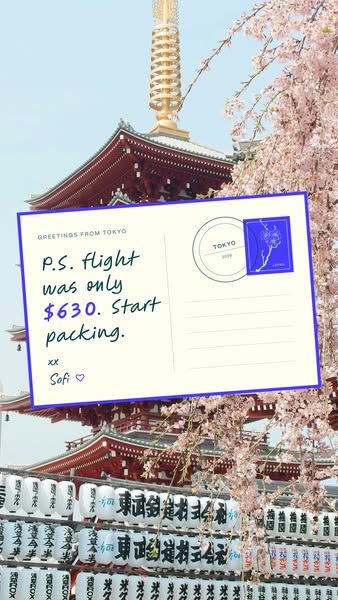 This travel ad uses the format of a postcard from Tokyo, suggesting it is surprisingly affordable to visit. The user sha