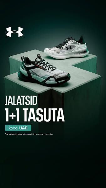 This image ad for Under Armour features two pairs of running shoes displayed on a geometric concrete structure. The ad h