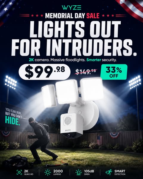 This image ad for Wyze promotes a Memorial Day sale on their security camera with floodlights. It shows the product, the
