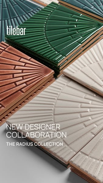 This ad features TileBar's new designer collaboration with the Radius Collection. The ad is a product showcase, high