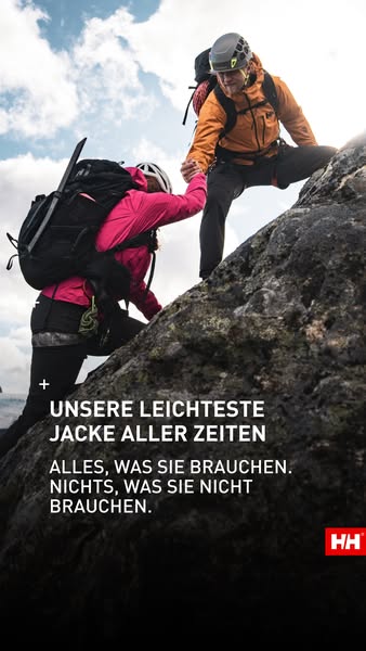 An image ad featuring two mountaineers helping each other climb, promoting the lightest jacket from the brand, and highl