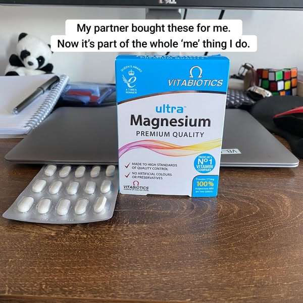 This ad features a box of Vitabiotics Ultra Magnesium Premium Quality supplements. The ad is presented from the perspect