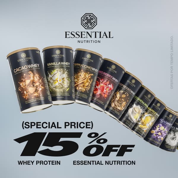 This ad showcases a variety of Essential Nutrition whey protein flavors, highlighting a limited-time 15% off special pri