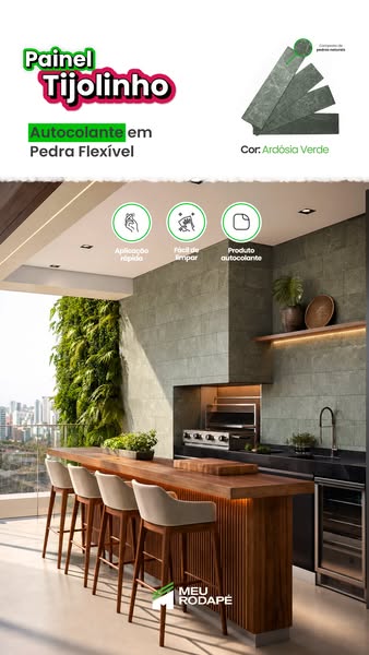 This ad features a visually appealing outdoor kitchen area to showcase self-adhesive flexible stone panels. The ad highl