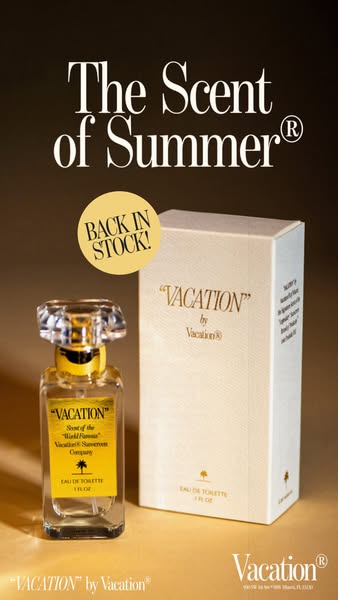 An image promoting Vacation brand's "Vacation" Eau de Toilette, highlighting its availability and summer-t