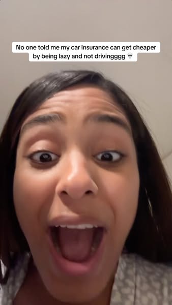 A woman looks into the camera and says that she didn't know her car insurance could get cheaper if she was lazy and 