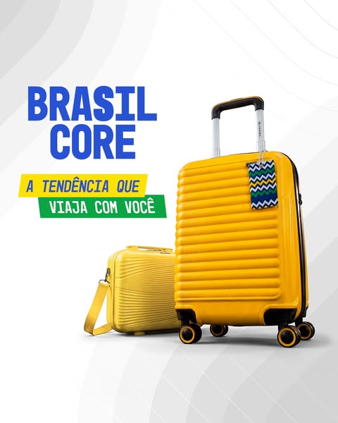 The ad promotes a line of luggage with a focus on Brazilian design elements, highlighting its aesthetic and travel-frien