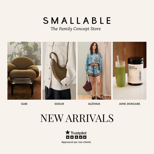 This image ad for SMALLABLE showcases new arrivals from several different brands, including furniture, bags, clothing an