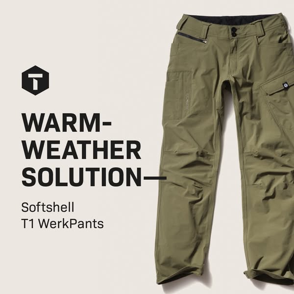 This ad showcases the Softshell T1 WerkPants from Truewerk as a warm-weather solution. The ad features a product shot of