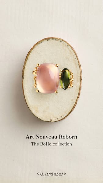 This ad showcases a ring from Ole Lynggaard's BoHo collection, emphasizing its Art Nouveau inspiration and fine jewe