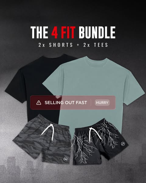This image promotes a bundle of 4 articles of fitness apparel. It includes two t-shirts and two pairs of shorts. The ad 