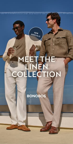 An advertisement for Bonobos linen collection featuring two models wearing linen clothing.