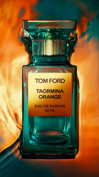 A studio shot shows a Tom Ford Taormina Orange perfume bottle against a vibrant orange and teal backdrop.