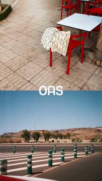 This ad uses a split screen to showcase a street scene with a pair of OAS shorts and a landscape of sand and cacti.