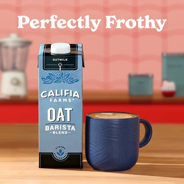 This ad features Califia Farms Oat Barista Blend, emphasizing its ability to create perfectly frothy drinks.