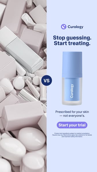 This image ad compares typical skincare routines with Curology's personalized skincare products. On the left, a pile