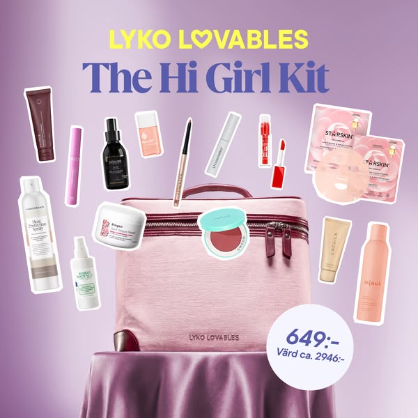 This ad features a collection of beauty products, primarily displayed around a pink toiletry bag. The image is designed