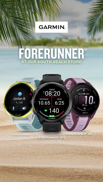 This image ad showcases three different Garmin Forerunner smart watches against a beach backdrop. The ad highlights the 