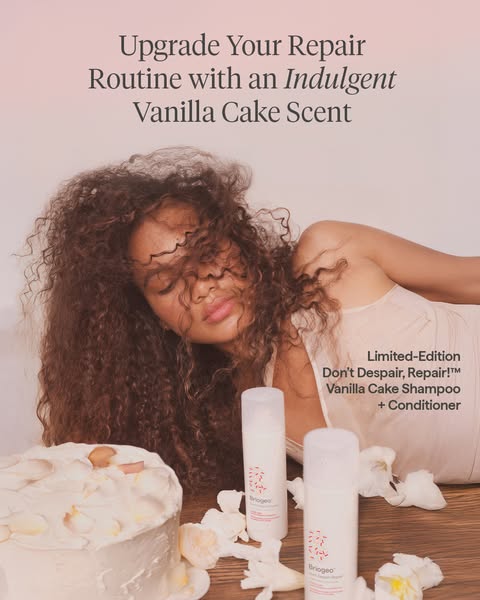 This ad for Briogeo's limited-edition Don't Despair, Repair! Vanilla Cake Shampoo + Conditioner presents the pro