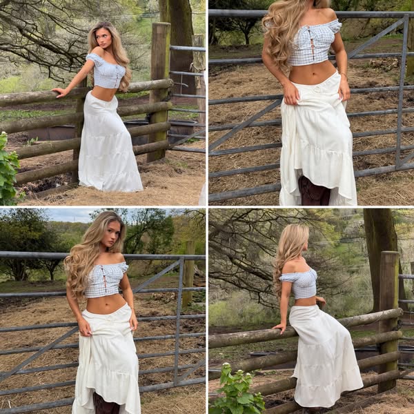 This image ad showcases a young woman wearing a white skirt and a blue and white top in an outdoor setting.