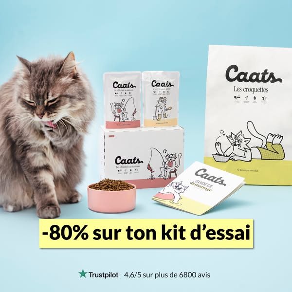 The ad promotes Caats cat food products, showcasing a trial kit offer and highlighting positive customer reviews.