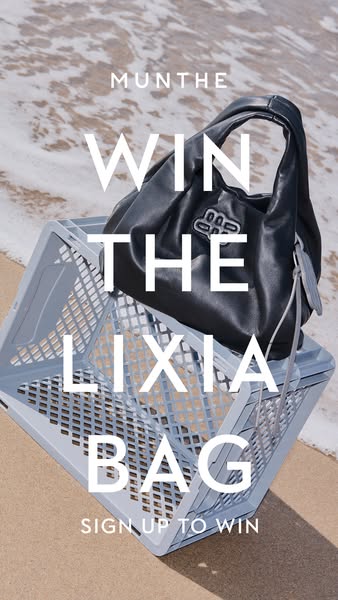 This ad promotes a giveaway for a Lixia bag from the brand Munthe. The bag is placed in a plastic crate on a beach.
