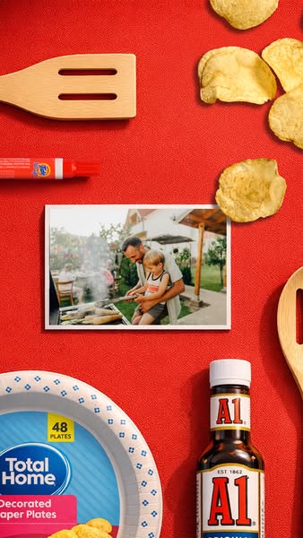 This is a flat lay ad for A.1. sauce that is set up as an image someone would take in preparation for a barbecue.