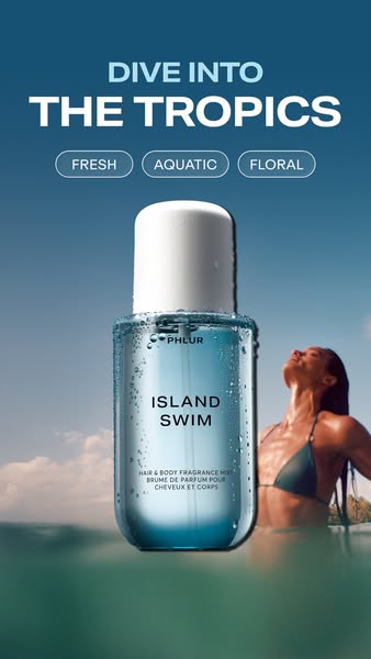 This image ad for PHLUR Island Swim presents the product as a hair and body fragrance mist with fresh, aquatic, and flor