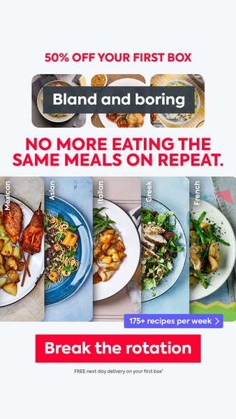 The ad showcases different cuisines offered by the meal delivery service and is offering 50% off the first box, promisin