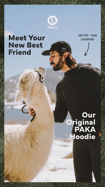 This ad features a man standing next to a white alpaca. The ad promotes the brand's hoodie which it claims is softer