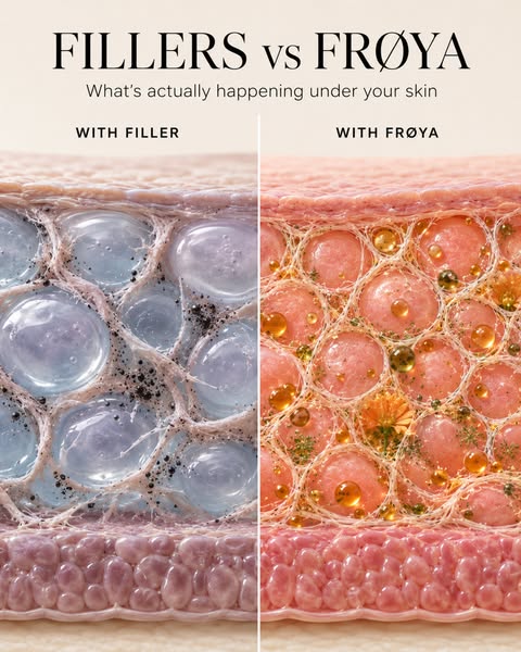 The ad uses a side-by-side comparison to highlight the difference between using fillers and using Frøya for skincare, vi