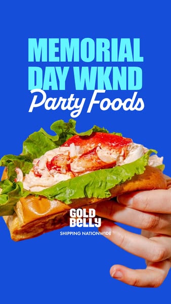 This ad for Goldbelly features a lobster roll on a bright blue background. The headline highlights the foods that would 
