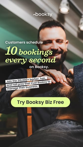 This ad for Booksy Biz uses an image of a barber cutting a customer's hair to illustrate that customers schedule 10 