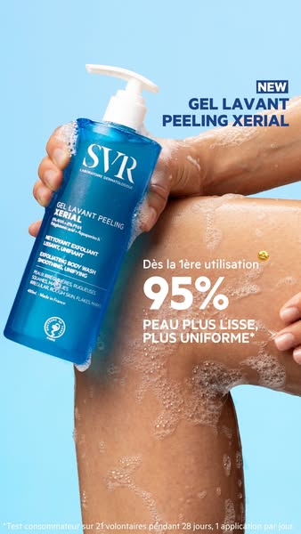 This ad promotes SVR's Gel Lavant Peeling Xerial body wash. It showcases the product and highlights the results achi