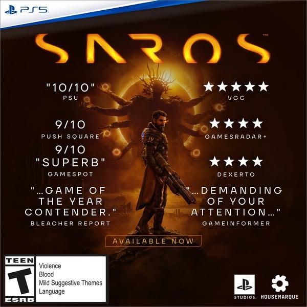 This ad uses critical acclaim and review scores to advertise the video game SAROS, now available on PlayStation.