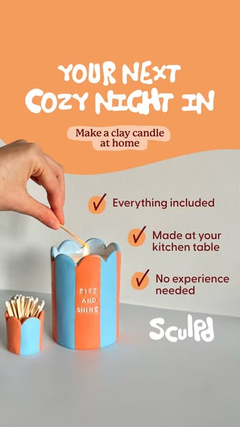 This ad by Sculpd promotes a DIY clay candle kit for cozy nights in. It features a hand lighting a candle in a holder ma