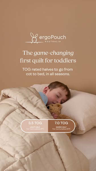 This ad promotes a quilt for toddlers that is TOG rated and can be used in all seasons. The quilt is shown being used by