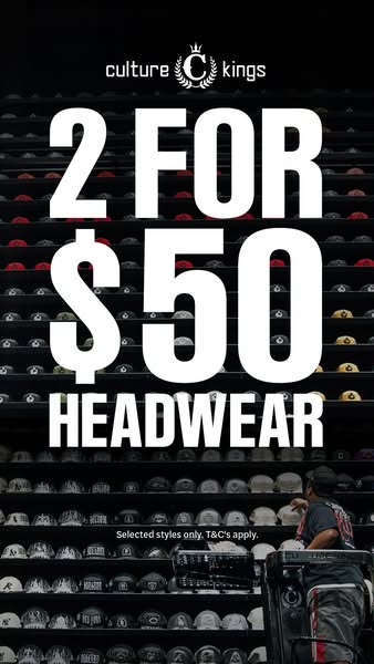 This image ad promotes Culture Kings headwear with an offer of 2 for $50. The ad features a large display of hats and ca