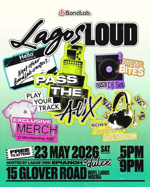 This ad promotes Lagos LOUD, a BandLab creator event on May 23, 2026, featuring live music, food, and opportunities to n