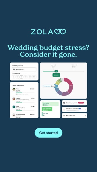 This ad for Zola shows a screenshot of the brand's wedding planning software, with a focus on budget tracking. The a