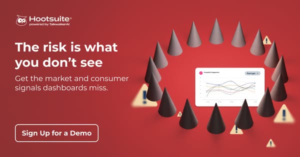 The ad uses a graphic of brown cones to represent risk that organizations might not notice. It uses the statement 'T