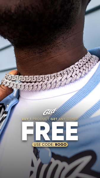 This image ad promotes GLD jewelry with a buy-one-get-one-free offer. The ad features a close-up of a man wearing two di
