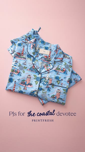 This image ad showcases pajamas with a coastal themed print. The pajamas are folded on a pink surface, and the ad is tar
