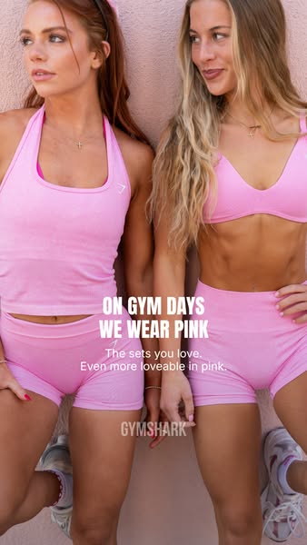 This Meta ad promotes Gymshark athleisure wear. It features two models in pink athletic outfits. The text overlay says, 