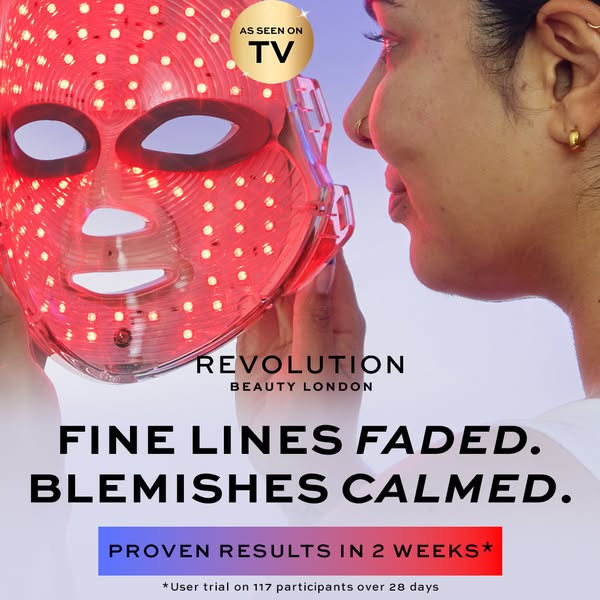 This ad features a woman holding a red light therapy mask. The ad promises that the mask fades fine lines and calms blem