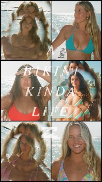 This ad showcases a variety of swimsuits with an aesthetic collage-style design. It gives off a summery and youthful vib