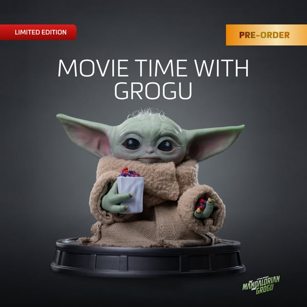 The ad features a Grogu figurine holding a container of colorful snacks, in front of a grey background. The ad encourage