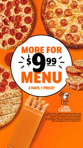 Image ad for Little Caesars promoting a limited-time online offer of two menu favorites for $9.99.