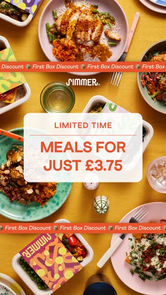 This ad is for Simmer, a meal delivery service. The ad features various prepared meals and highlights a discount.