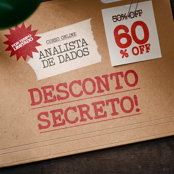 The image is advertising a secret discount for an online data analyst course. It employs the visual metaphor of a confid